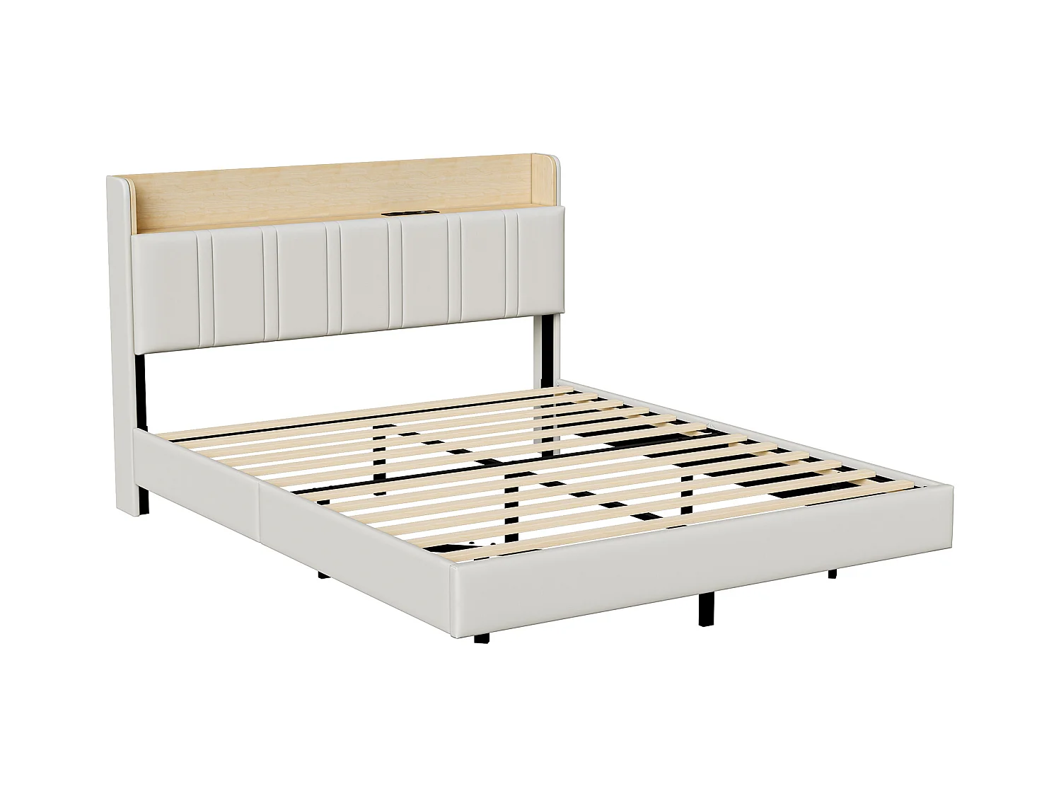 Lit double design suspendu avec rangement, LED multicolores et ports USB – 140x190 cm – Similicuir blanc & chêne clair