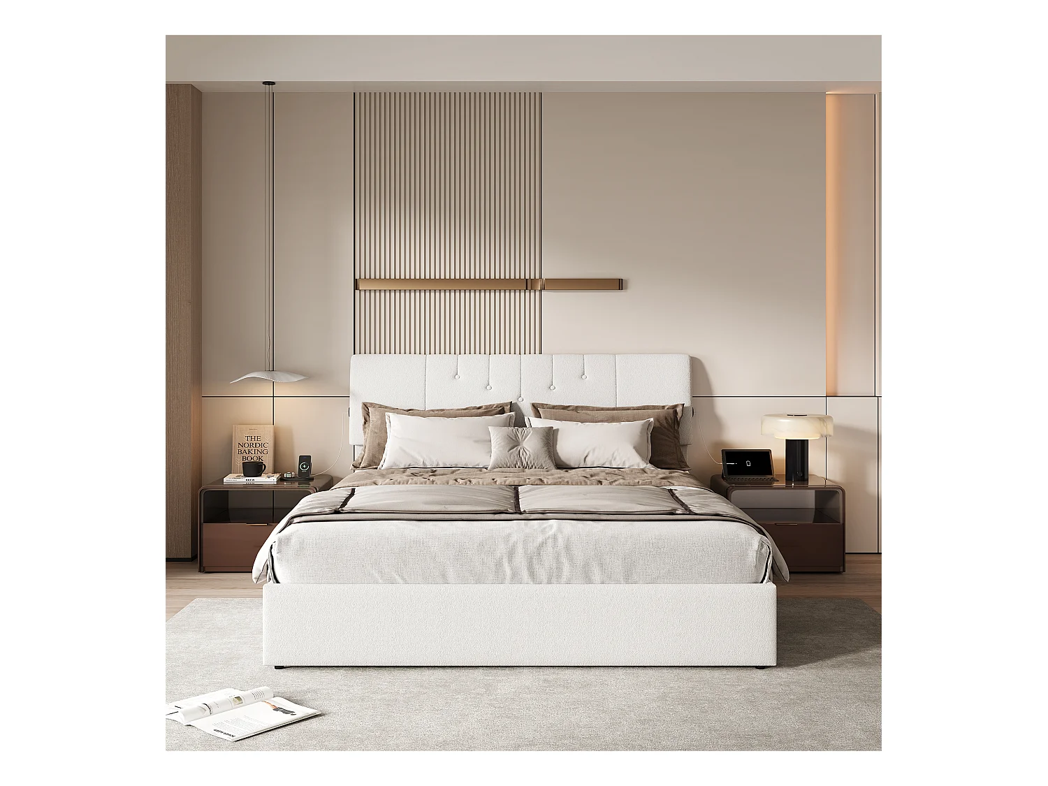 Lit coffre relevable avec tête de lit réglable, ports USB-C & USB, rangement intégré – 160×200cm – Tissu teddy blanc cassé