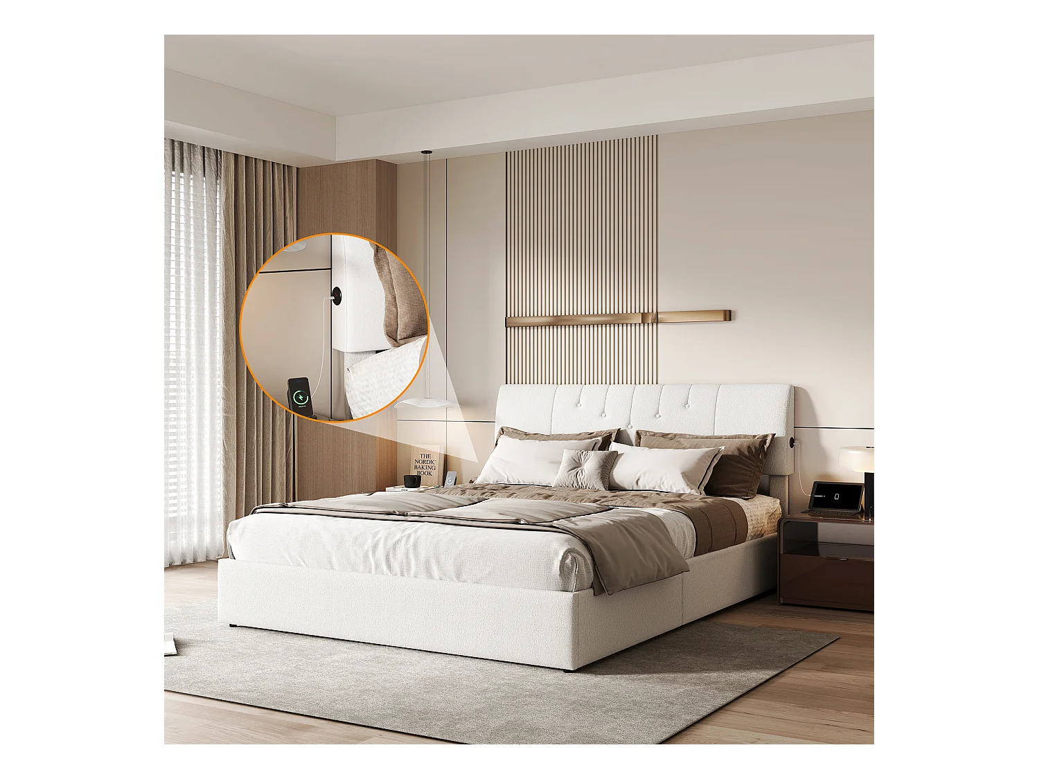 Lit coffre relevable avec tête de lit réglable, ports USB-C & USB, rangement intégré – 160×200cm – Tissu teddy blanc cassé
