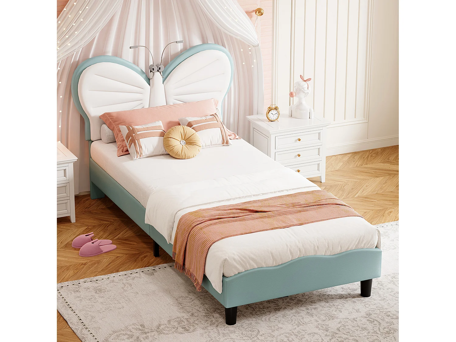 Blauw-wit kinderbed 90x200 cm met vlinderhoofdeinde, led-leeslamp en in hoogte verstelbaar