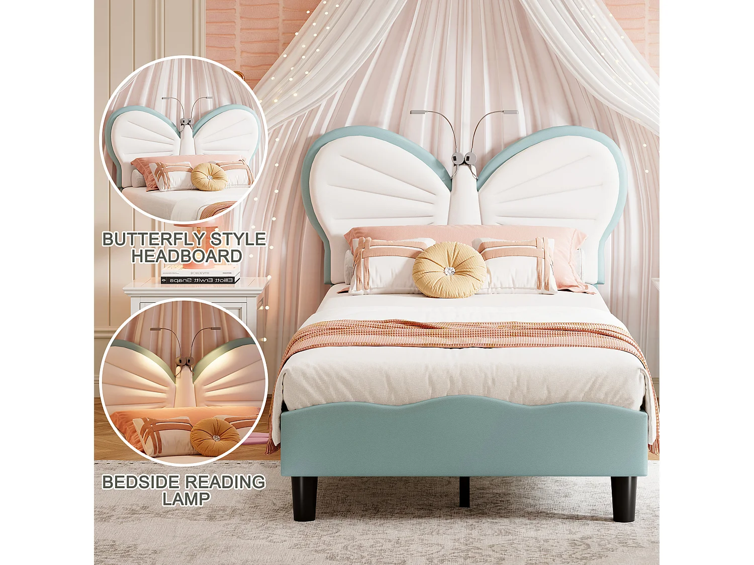 Blauw-wit kinderbed 90x200 cm met vlinderhoofdeinde, led-leeslamp en in hoogte verstelbaar