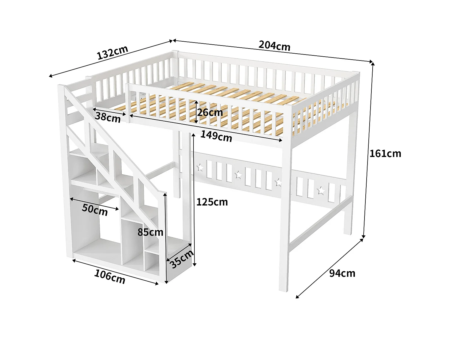 Cama alta multifuncional de madera maciza de 90x200 cm con escalera de almacenaje, barandilla alta y elegante acabado en blanco