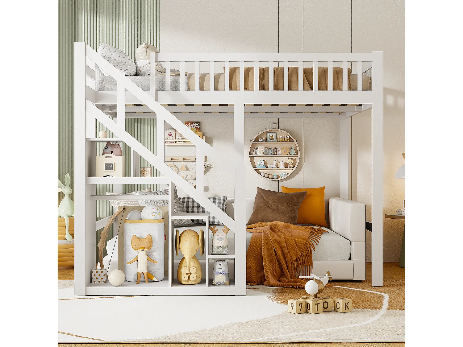 Lit mezzanine multifonctionnel 90x200 cm en bois massif avec escalier de rangement, garde-corps élevé et finition blanche élégante