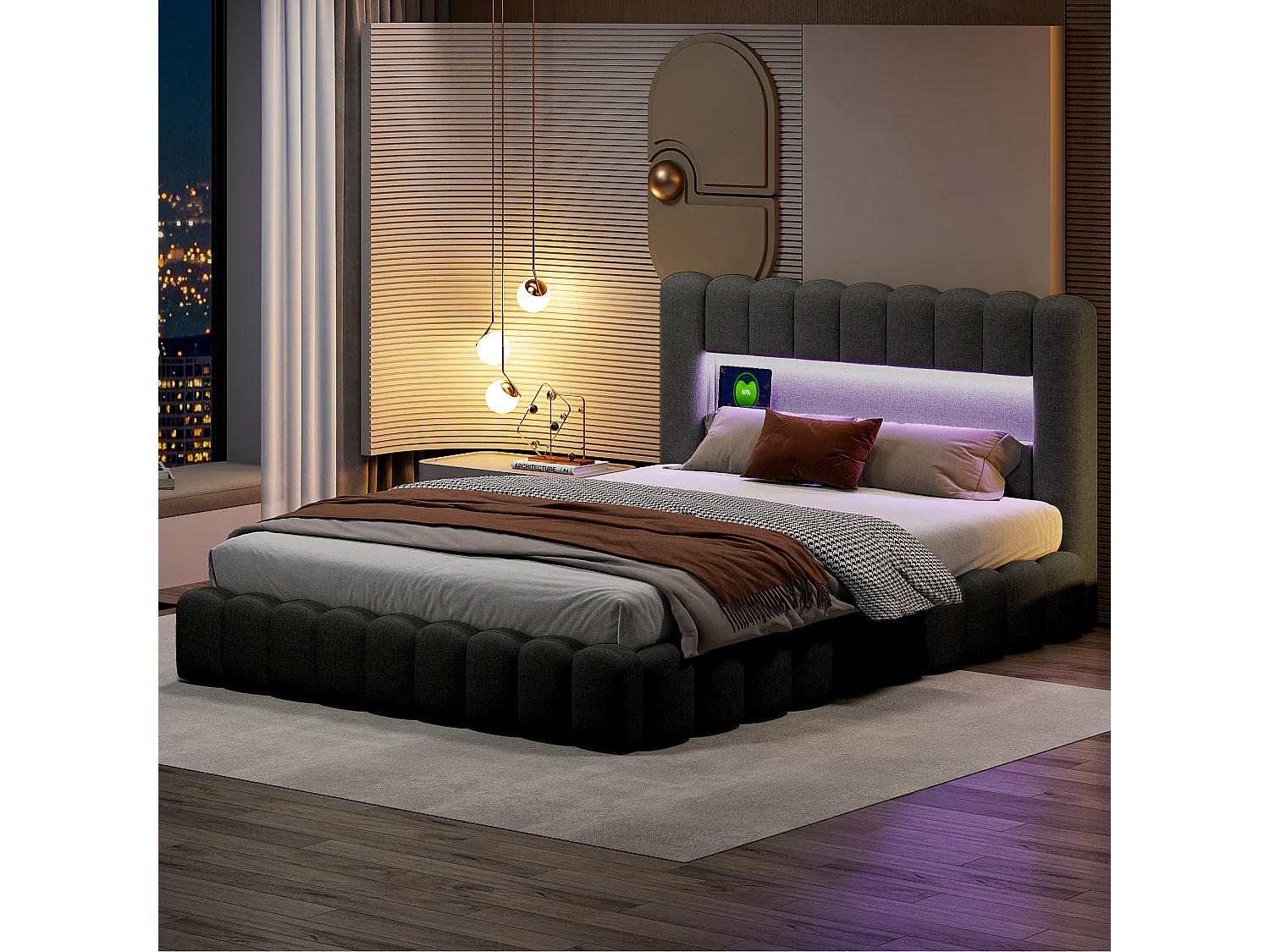Designer seng med opbevaring i antracitgråt stof, træstamme-stil, med hydrauliske løfteanordninger, RGB LED-hovedgærde og USB/Type-C-porte – 140x200 cm