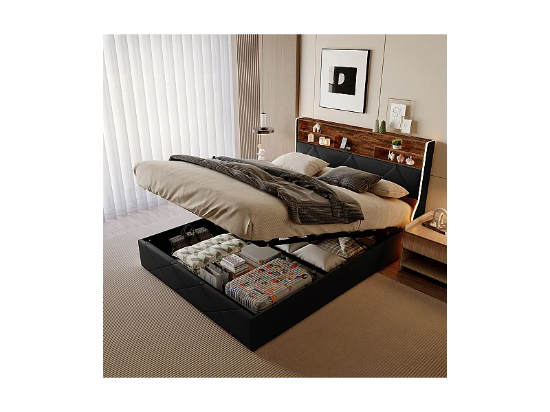 160 x 200 cm Bett mit Stauraum und Kopfteil mit Stauraum, USB-/Typ-C-Anschluss und RGB-LED-Beleuchtung – Schwarzes PU & helle Eiche