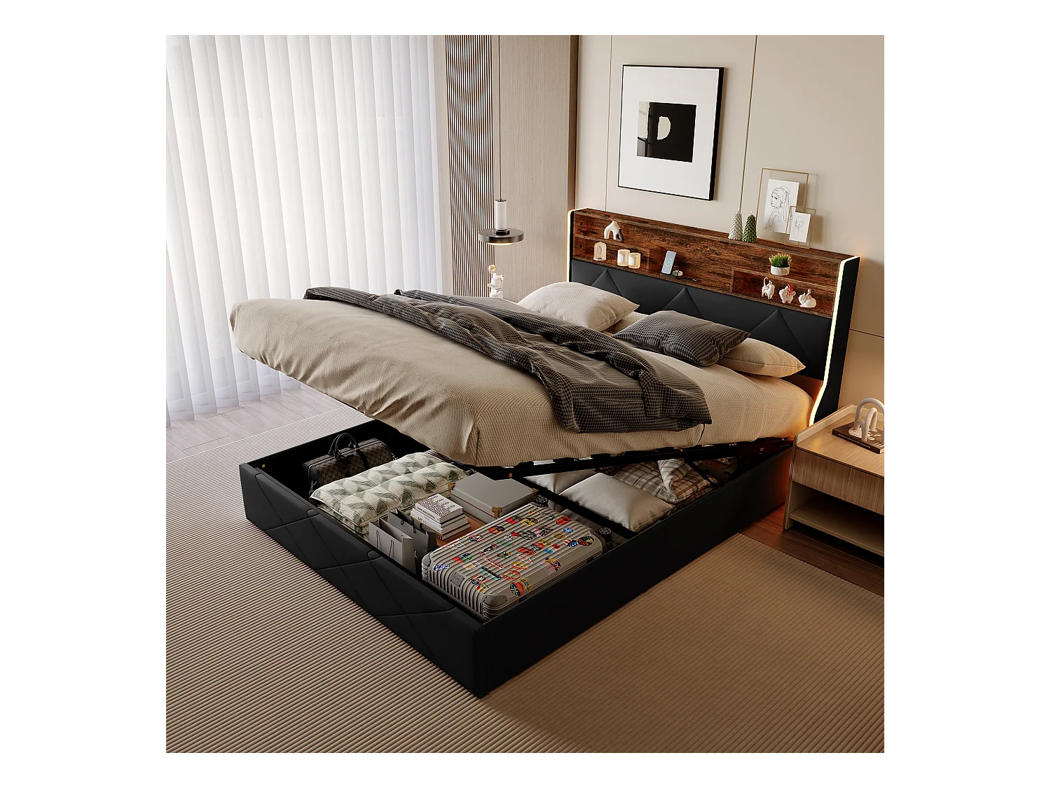 Lit coffre 160x200 cm avec tête de lit rangement, port USB/Type-C et éclairage LED RVB – PU Noir & chêne clair