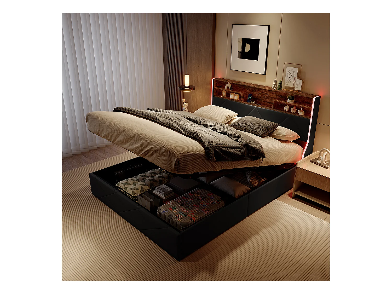 Lit coffre 160x200 cm avec tête de lit rangement, port USB/Type-C et éclairage LED RVB – PU Noir & chêne clair