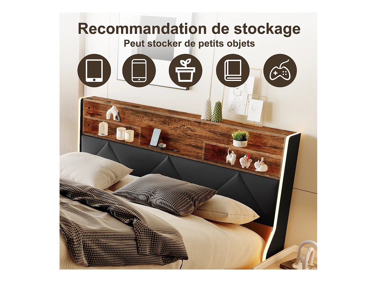 Lit coffre 160x200 cm avec tête de lit rangement, port USB/Type-C et éclairage LED RVB – PU Noir & chêne clair
