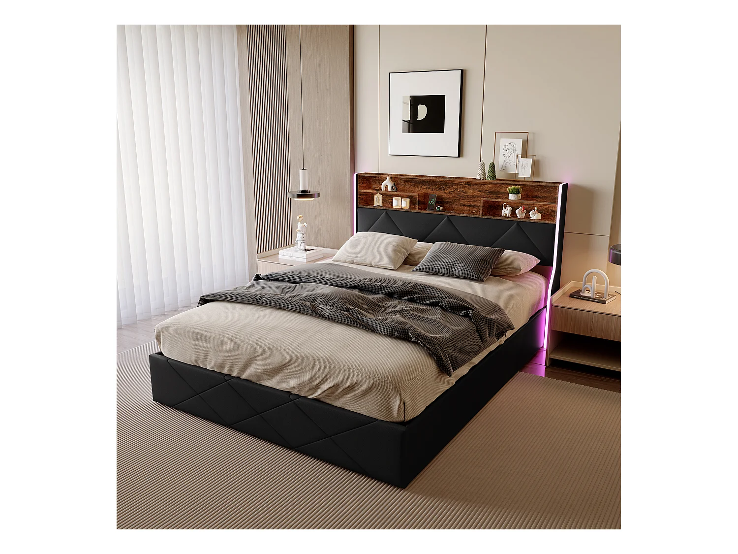 Lit coffre 160x200 cm avec tête de lit rangement, port USB/Type-C et éclairage LED RVB – PU Noir & chêne clair