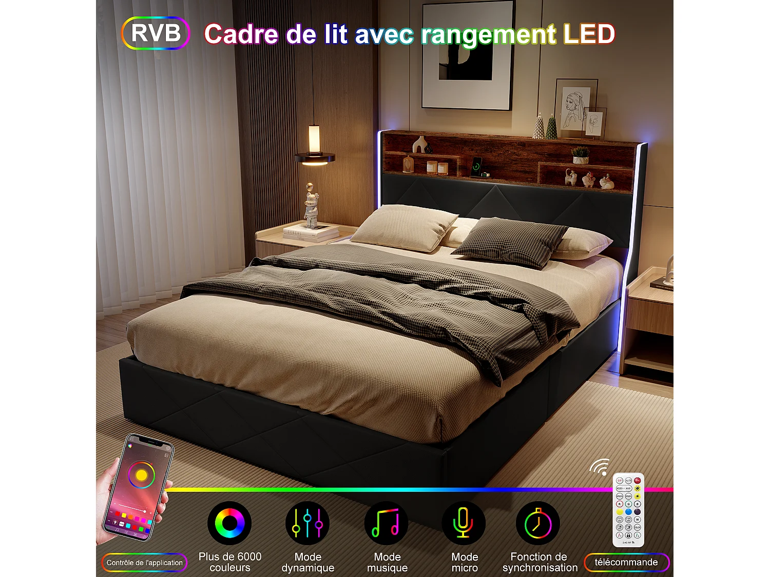 Letto contenitore 160x200 cm con testiera contenitore, porta USB/Type-C e illuminazione LED RGB – PU nero e rovere chiaro