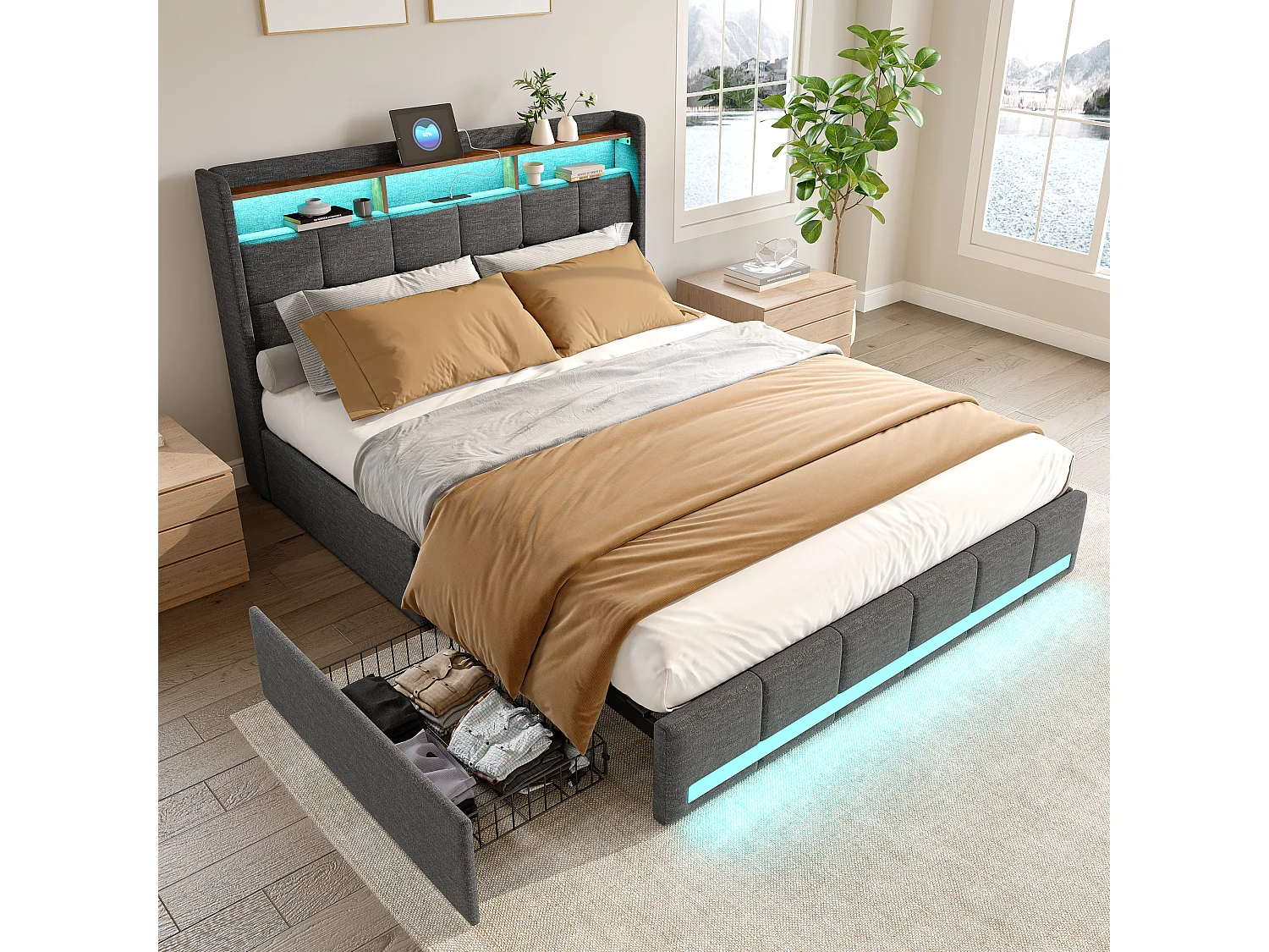 Dobbeltseng med RGB LED-belysning, hovedgærde med opbevaring og USB/Type-C-porte, 4 opbevaringsskuffer, gråt hørstof – 180x200 cm