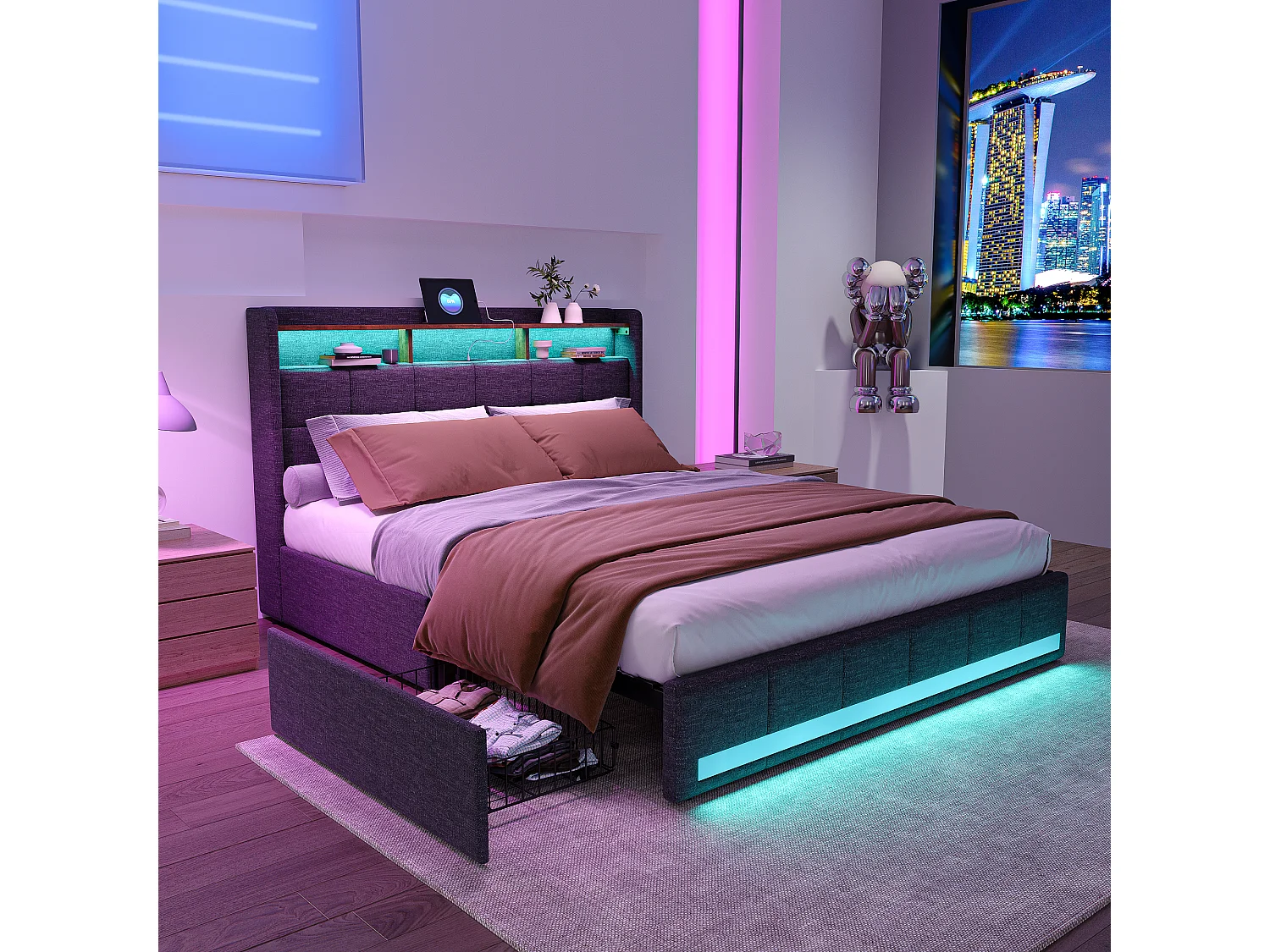 Dobbeltseng med RGB LED-belysning, hovedgærde med opbevaring og USB/Type-C-porte, 4 opbevaringsskuffer, gråt hørstof – 180x200 cm
