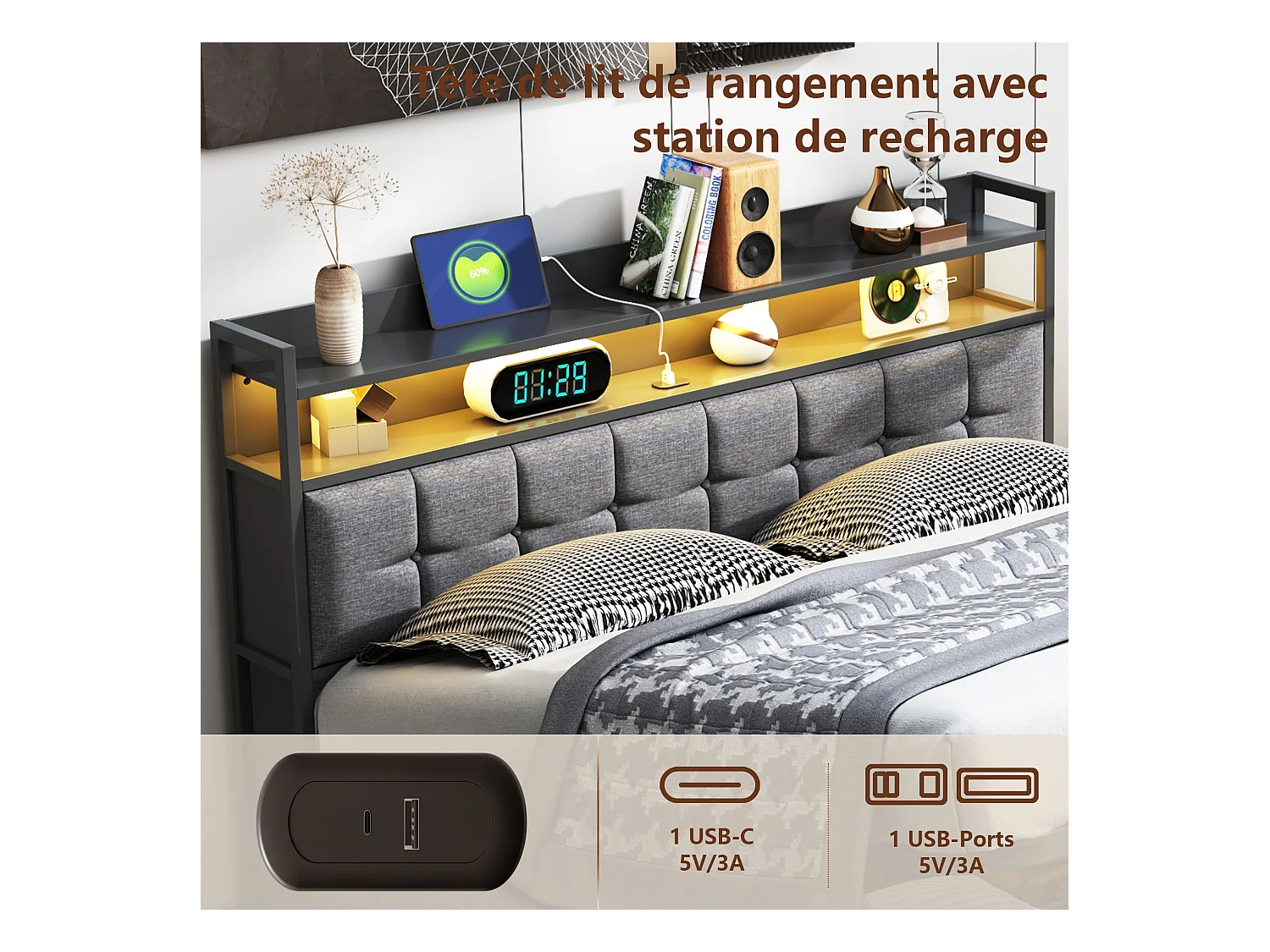 Stauraumbett mit RGB-LED-Beleuchtung, Kopfteil mit USB/USB-C-Ladestation, grauer Leinenstoff, 140x200 cm