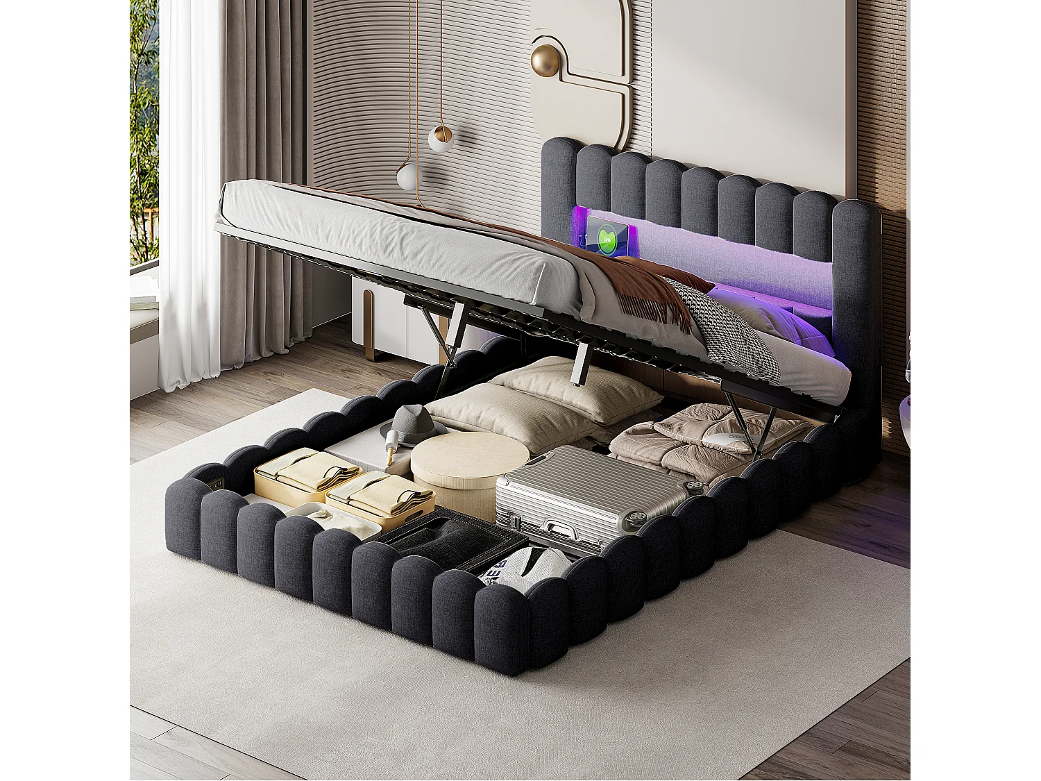 Designer seng med opbevaring i antracitgråt stof, træstamme-stil, med hydrauliske løfteanordninger, RGB LED-hovedgærde og USB/Type-C-porte – 160x200 cm