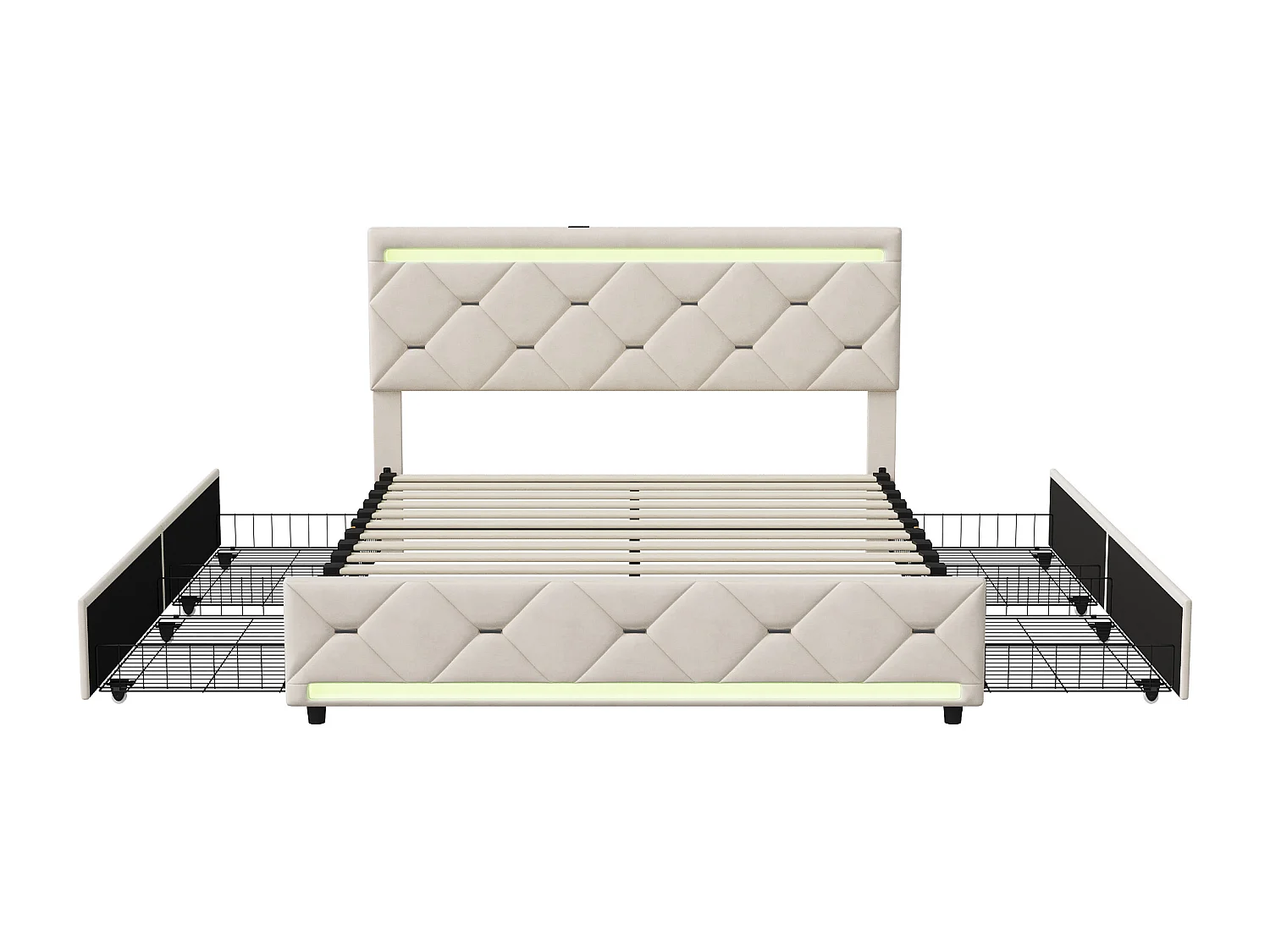 Opbergbed met 4 lades, multi-color LED en USB-poorten – 140x190 cm, beige fluweel