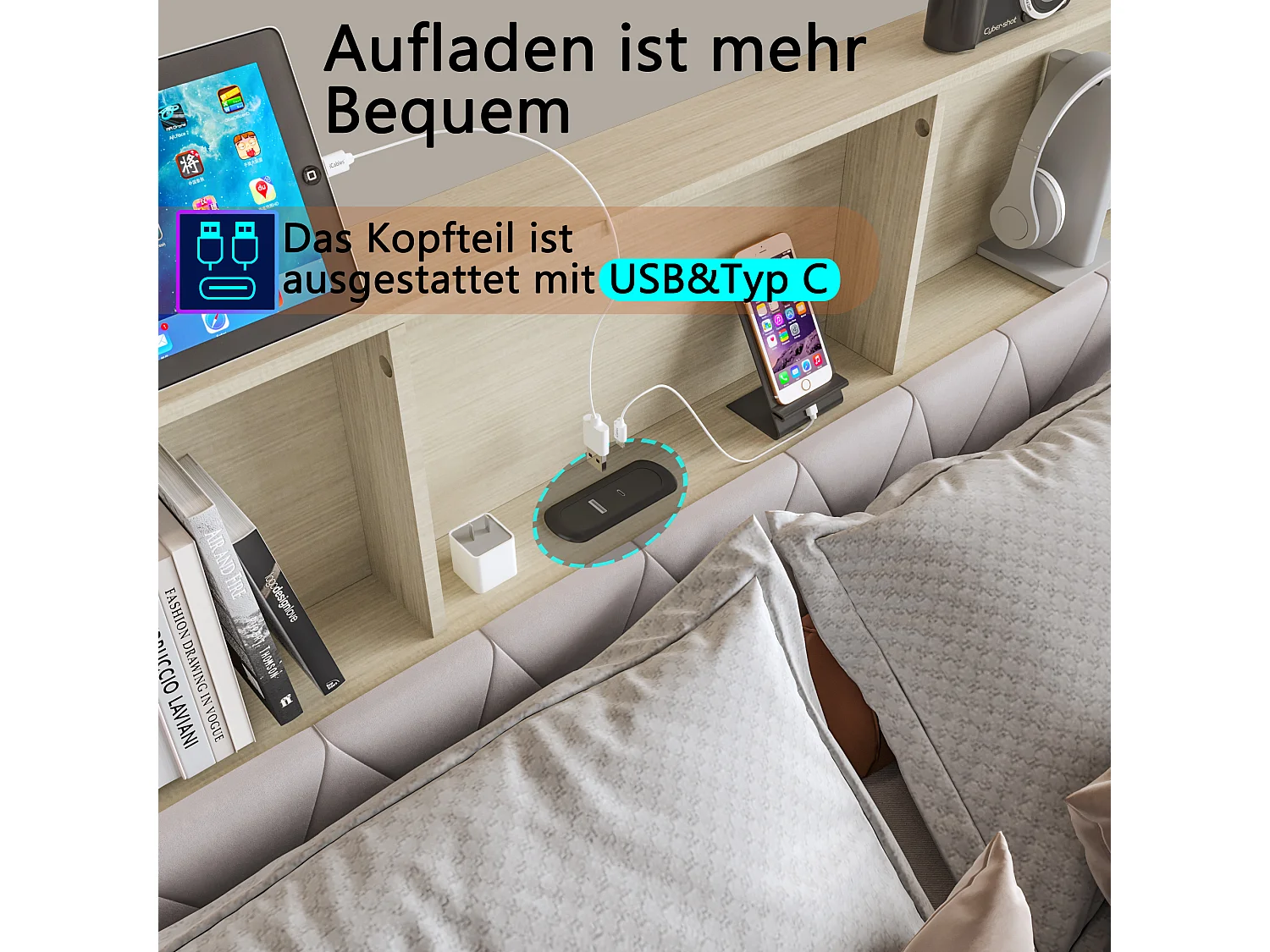 Seng med opbevaring og skuffer i beige fløjlsbetræk, flerfarvet LED-hovedgærde med opbevaring og USB/Type-C-porte – 180x200 cm