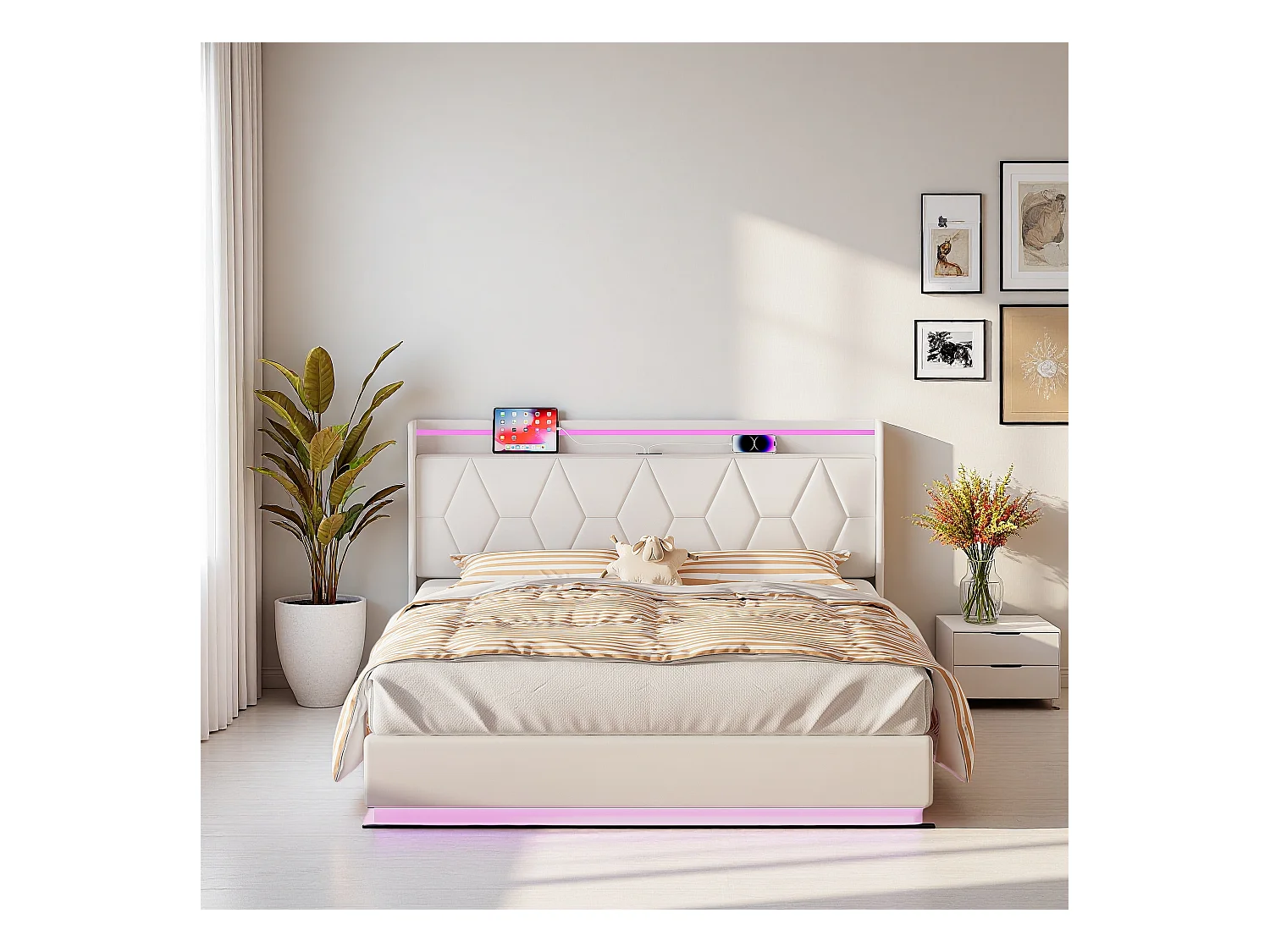 Cama de casal branca 140x200 cm em veludo, cabeceira estofada com LED, tomadas de carregamento, faixas de luz em 3 lados