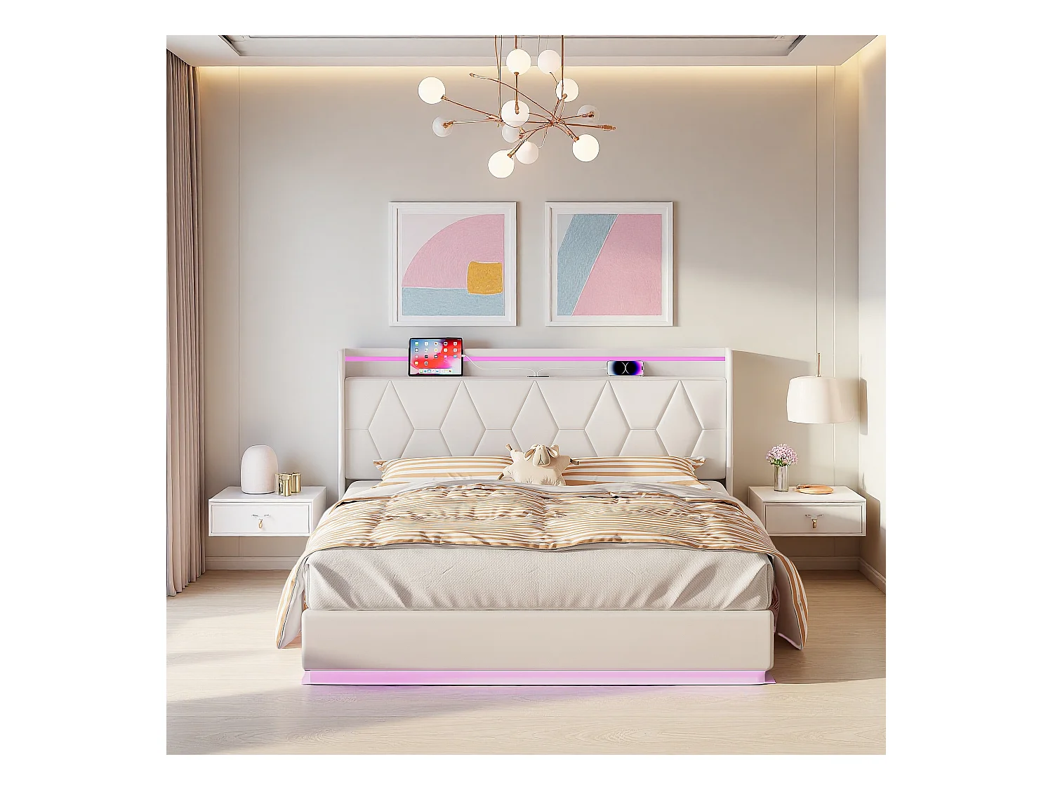 Cama de casal branca 140x200 cm em veludo, cabeceira estofada com LED, tomadas de carregamento, faixas de luz em 3 lados