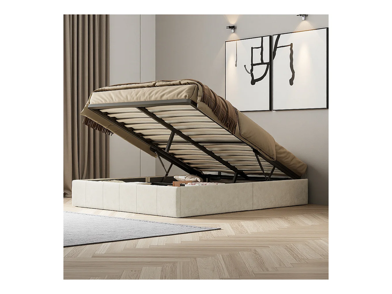 Cama doble de 160x200 cm en terciopelo beige con compartimento de almacenamiento hidráulico, cabecero con tachuelas y luces de lectura integradas