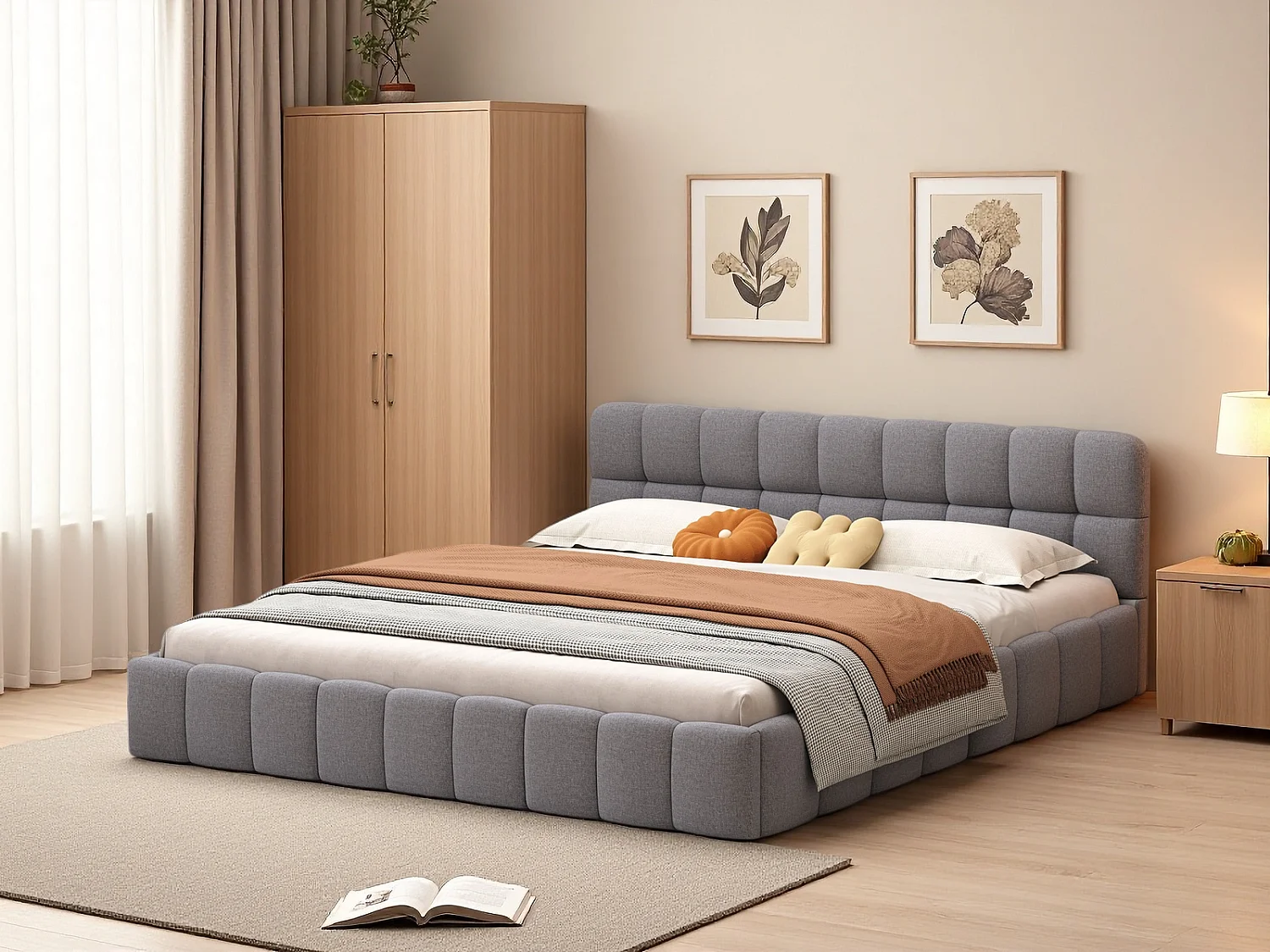 Lit rembourré 140 x 190 cm, lit jeune, lit double avec dossier moelleux, cadre rembourré, sommier à lattes en lin gris (matelas non inclus)