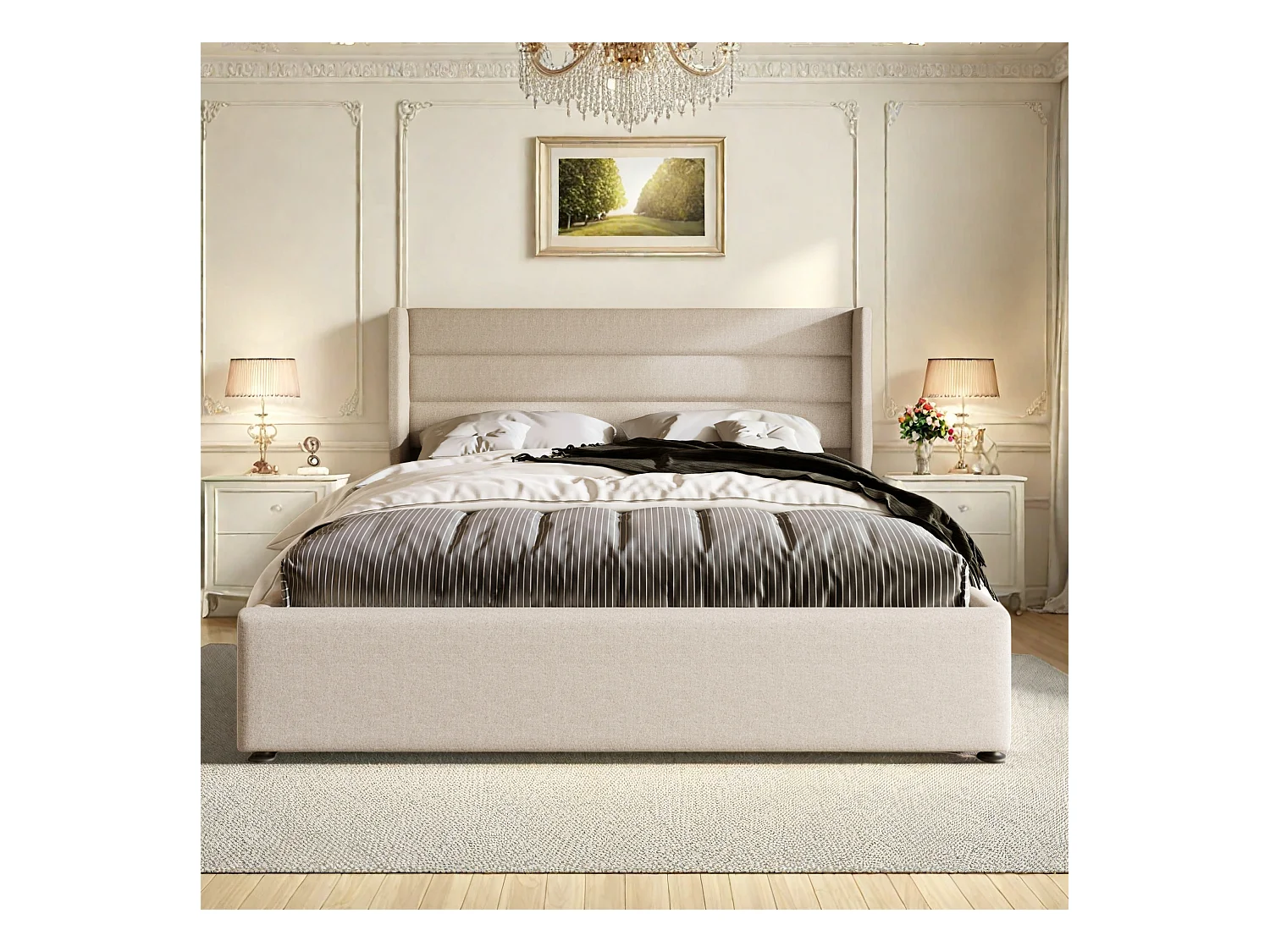 Sommier plateforme rembourré avec rangement, lit double hydraulique, 160x200cm, sommier à lattes en bois, beige (sans matelas)