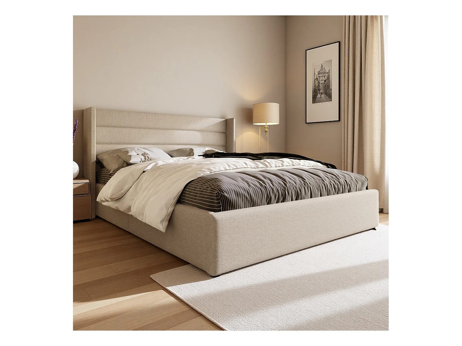 Sommier plateforme rembourré avec rangement, lit double hydraulique, 160x200cm, sommier à lattes en bois, beige (sans matelas)