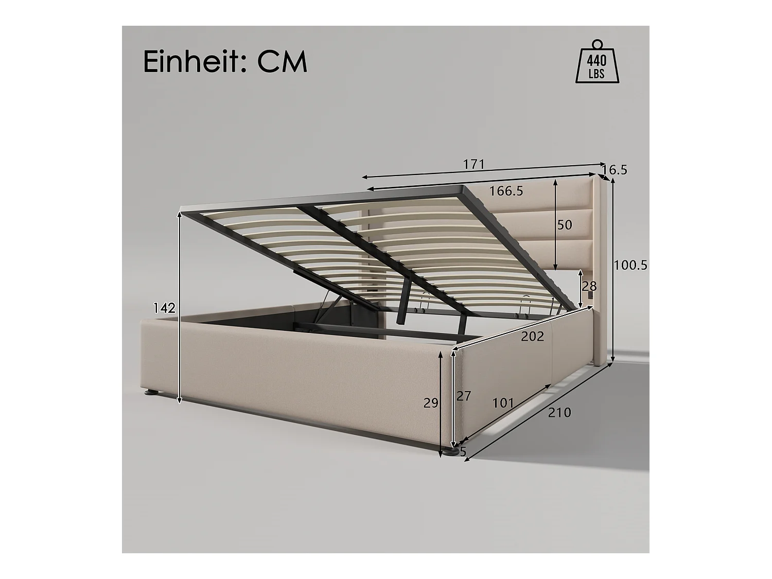 Sommier plateforme rembourré avec rangement, lit double hydraulique, 160x200cm, sommier à lattes en bois, beige (sans matelas)