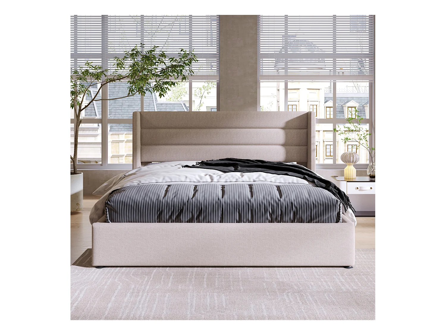 Sommier plateforme rembourré avec rangement, lit double hydraulique, 160x200cm, sommier à lattes en bois, beige (sans matelas)