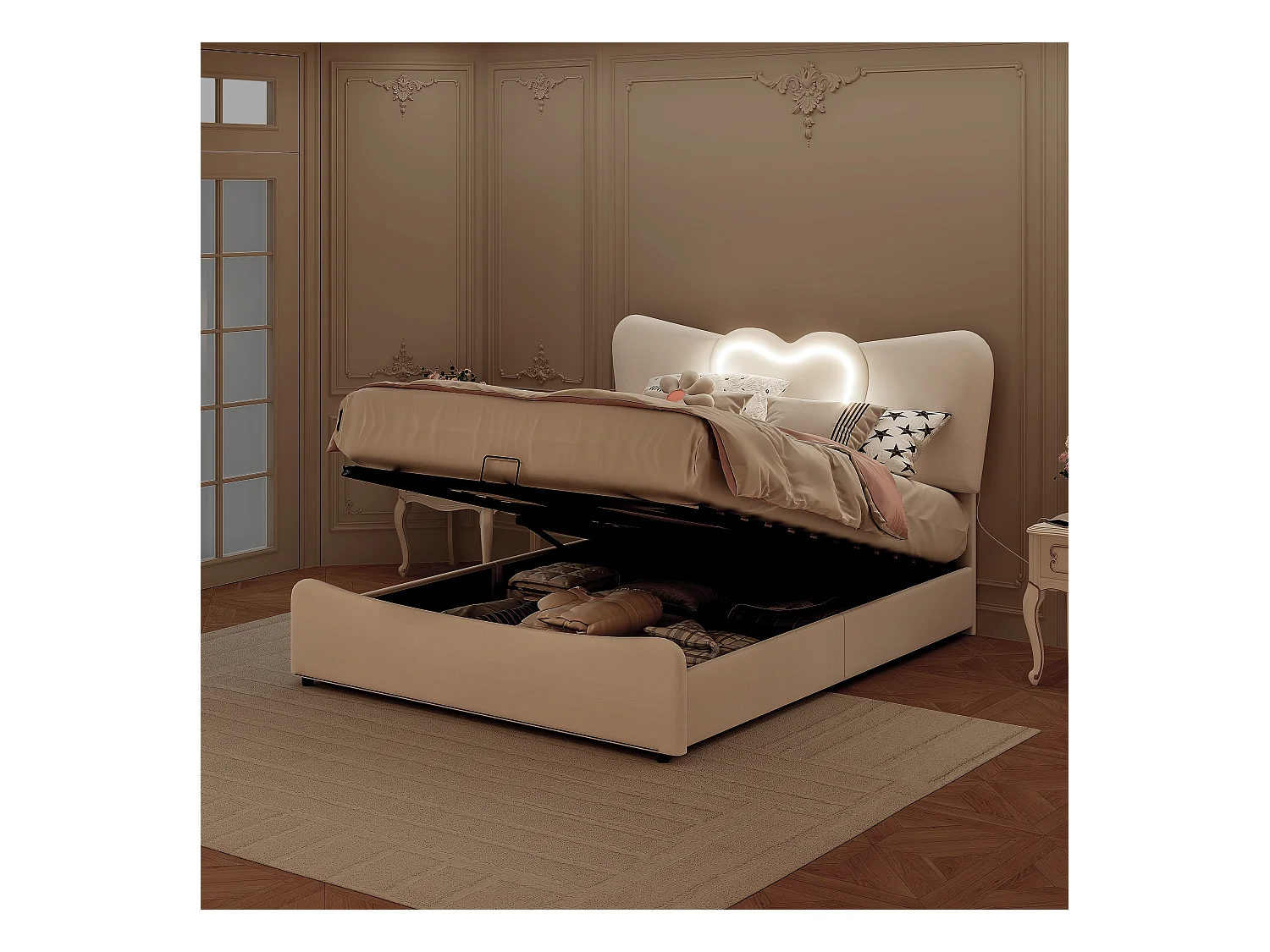 Letto imbottito 140 x 200 cm con luci LED e USB, con contenitore, tessuto in velluto, letto matrimoniale 160 x 200 cm, beige (senza materasso)