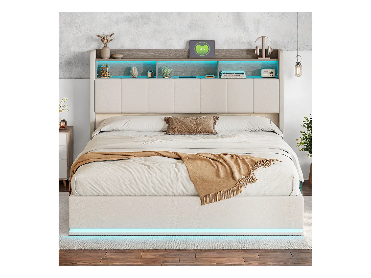 Lit double 160x200cm en tissu velours blanc avec rangement dans la tête de lit, bande LED intégrée en bas