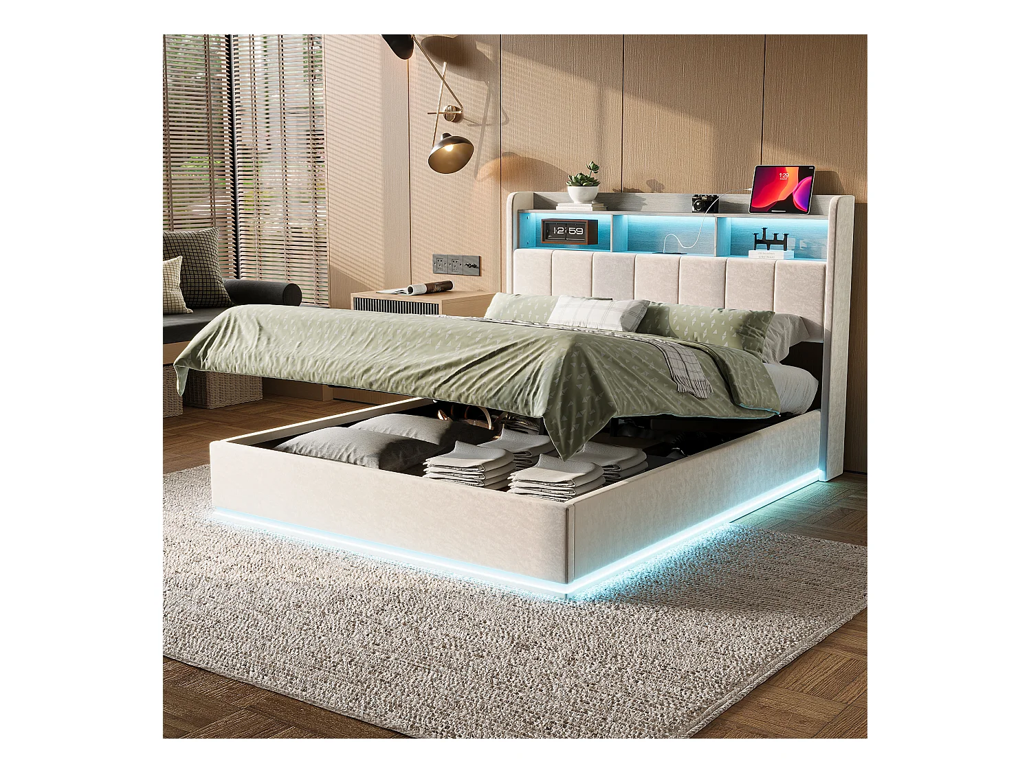 Lit double 160x200cm en tissu velours blanc avec rangement dans la tête de lit, bande LED intégrée en bas