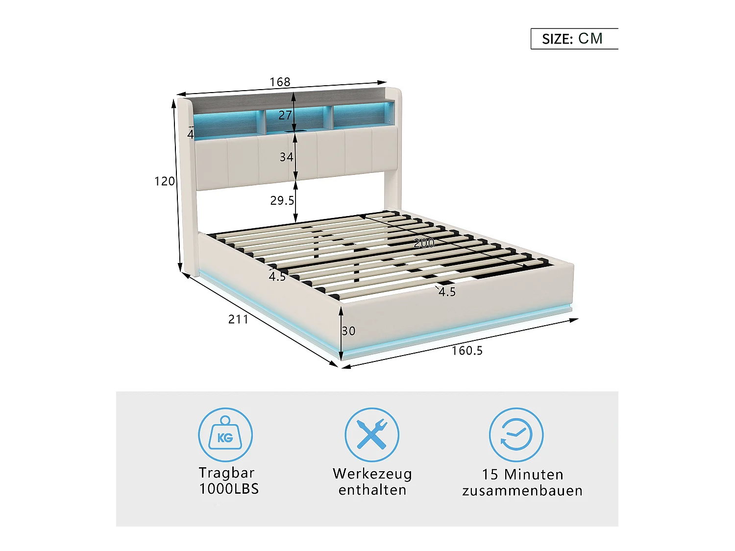 Lit double 160x200cm en tissu velours blanc avec rangement dans la tête de lit, bande LED intégrée en bas