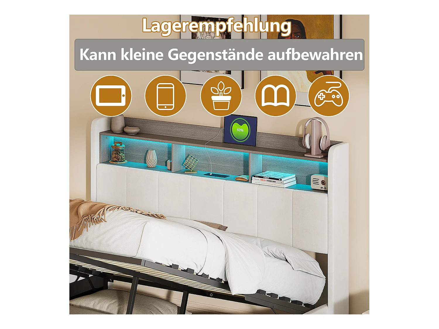 Lit double 160x200cm en tissu velours blanc avec rangement dans la tête de lit, bande LED intégrée en bas