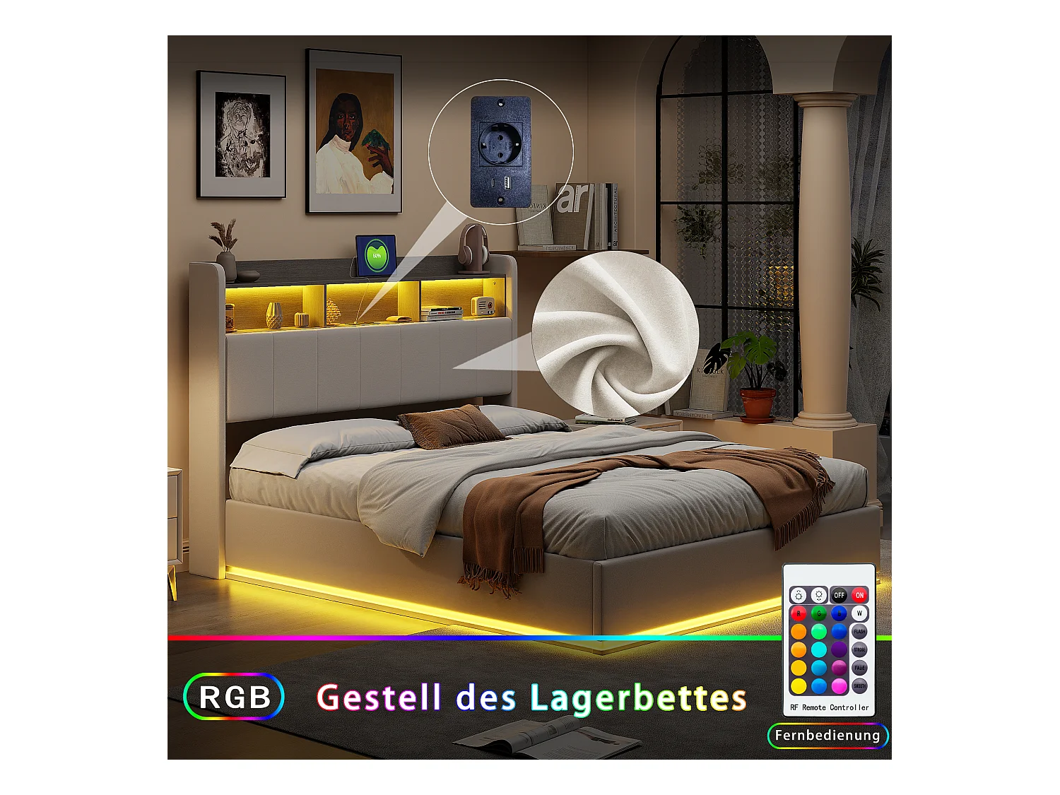 Lit double 160x200cm en tissu velours blanc avec rangement dans la tête de lit, bande LED intégrée en bas