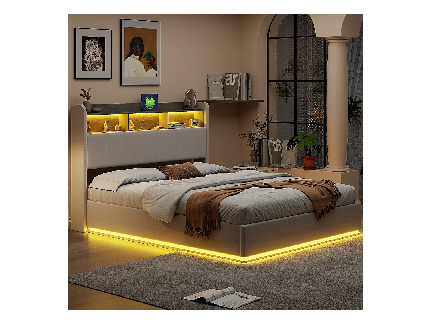 Lit double 160x200cm en tissu velours blanc avec rangement dans la tête de lit, bande LED intégrée en bas