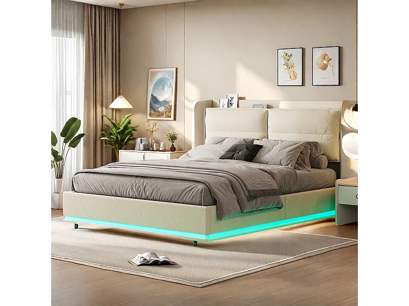 Tweepersoonsbedframe 160x200 cm in fluweel met geïntegreerde LED-verlichting, houten lattenbodem, hydraulische opbergruimte en USB-oplaadstation, gebroken wit