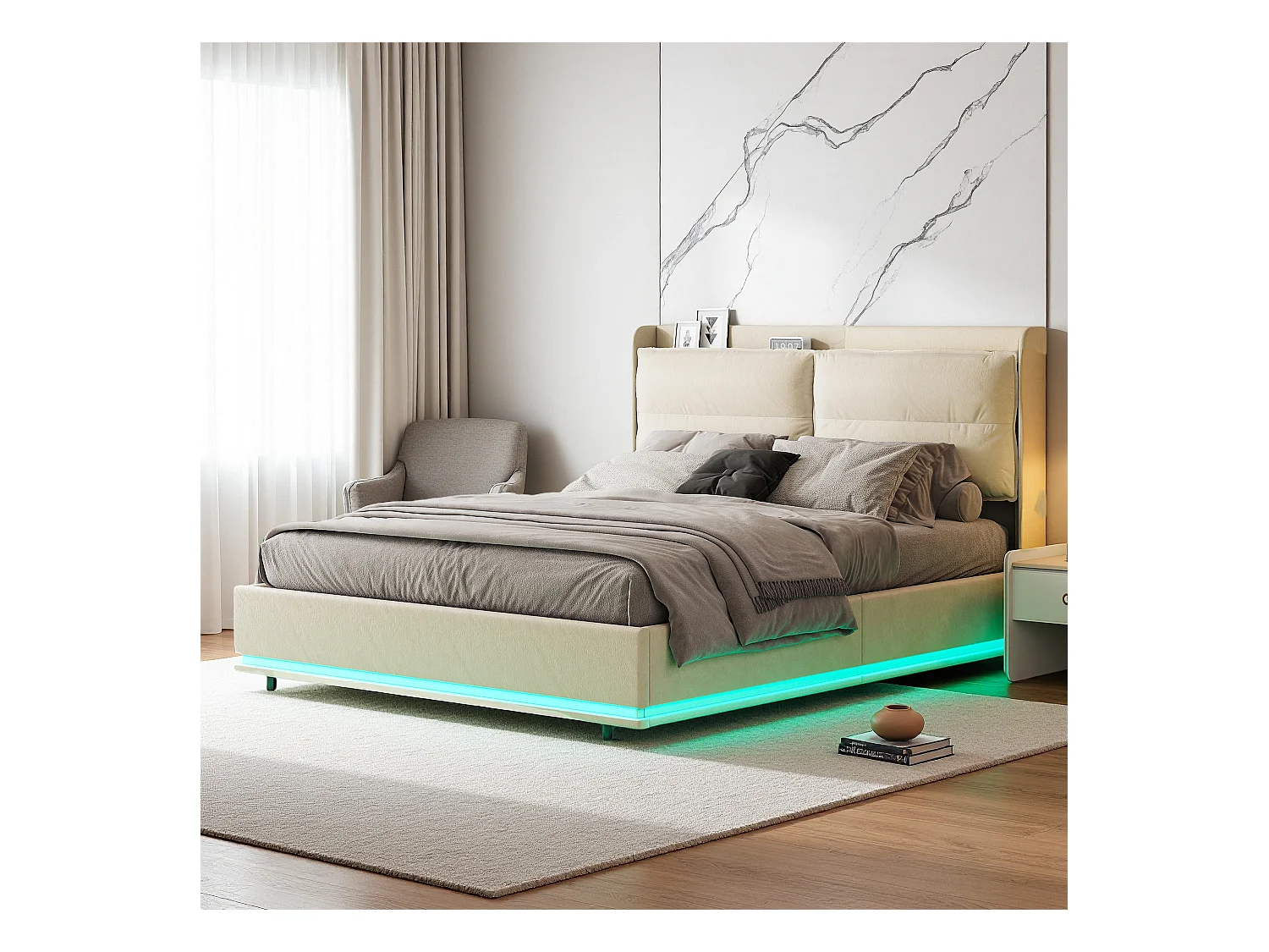 Struttura letto matrimoniale 160x200cm in velluto con LED integrati, doghe in legno, contenitore idraulico e stazione di ricarica USB, Bianco sporco