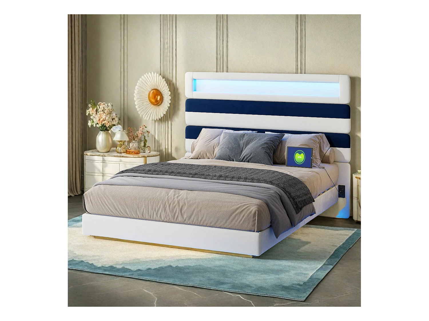 Lit double 140x190 cm, tête de lit rayée en velours blanc & bleu, panneau bois réglable, ports USB, bandes LED tête/pied, chargeur EU