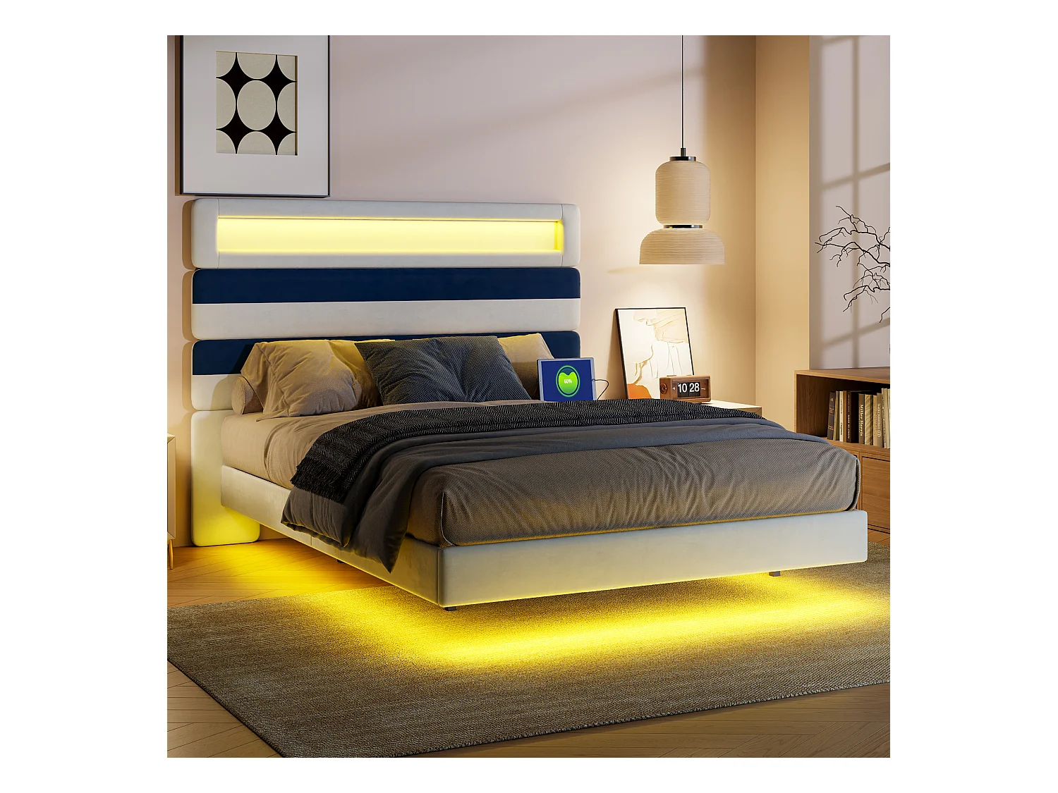 Lit double 140x190 cm, tête de lit rayée en velours blanc & bleu, panneau bois réglable, ports USB, bandes LED tête/pied, chargeur EU
