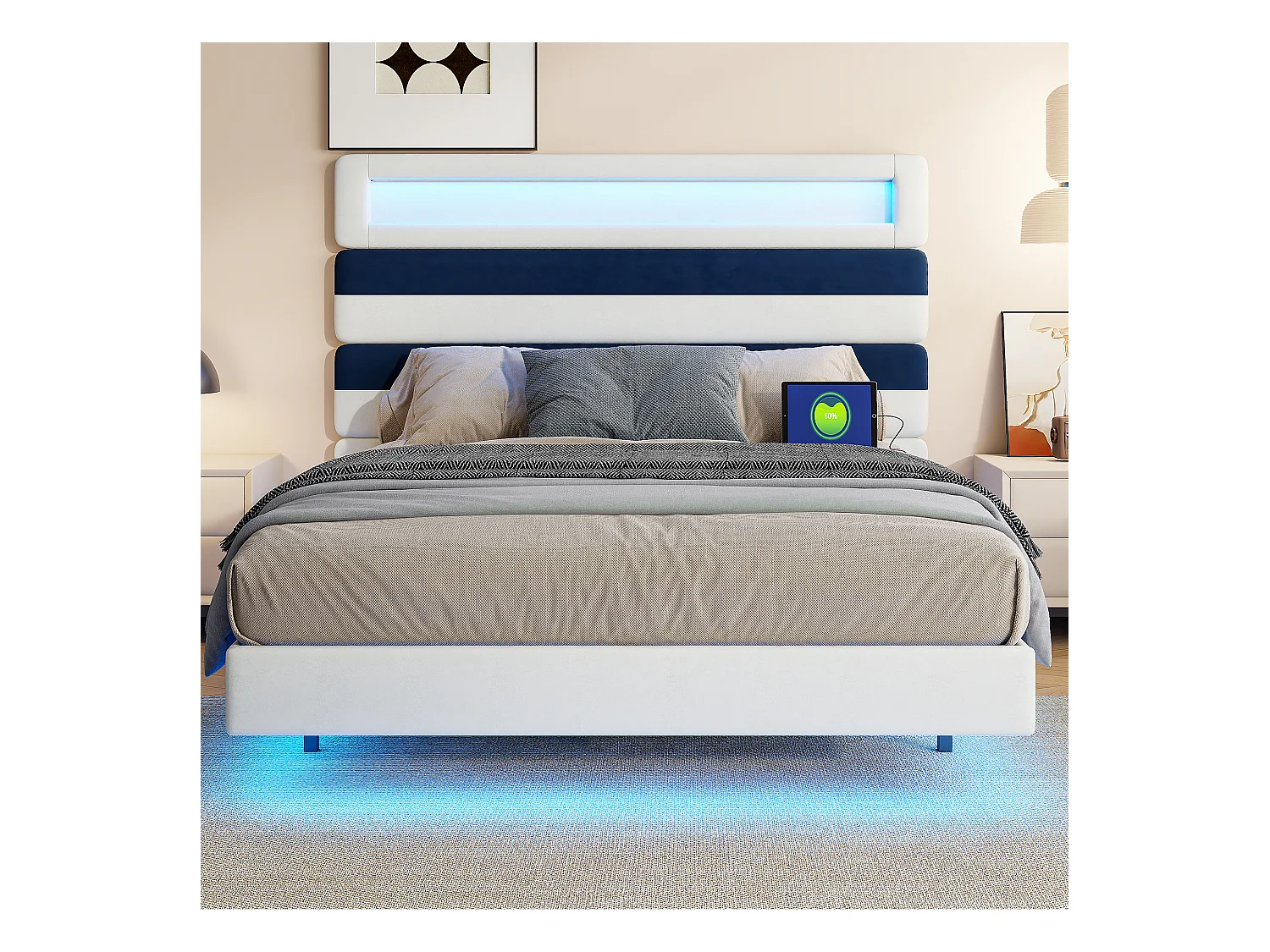 Lit double 140x190 cm, tête de lit rayée en velours blanc & bleu, panneau bois réglable, ports USB, bandes LED tête/pied, chargeur EU