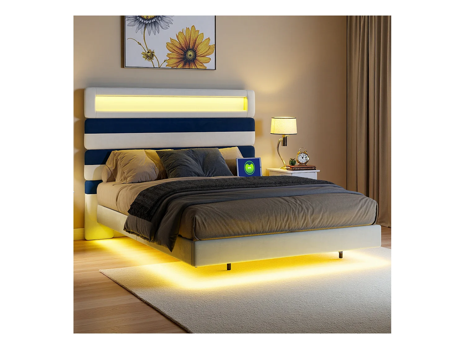 Lit double 140x190 cm, tête de lit rayée en velours blanc & bleu, panneau bois réglable, ports USB, bandes LED tête/pied, chargeur EU