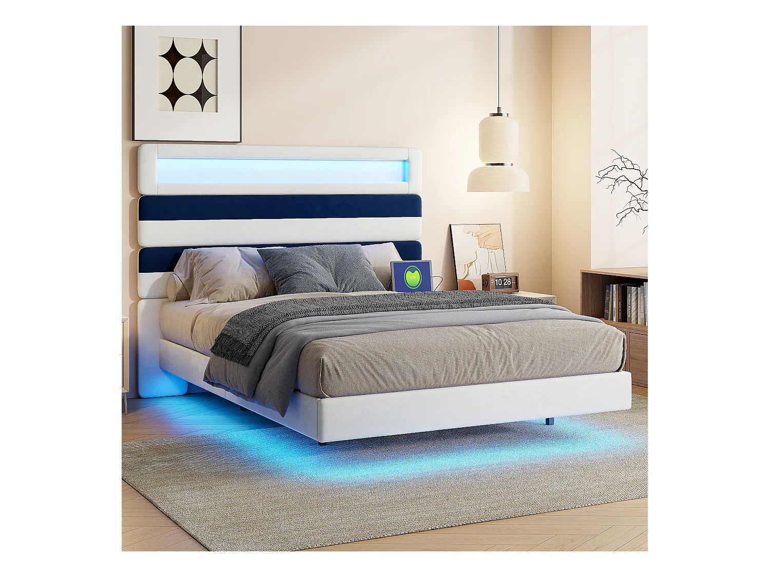 Lit double 140x190 cm, tête de lit rayée en velours blanc & bleu, panneau bois réglable, ports USB, bandes LED tête/pied, chargeur EU