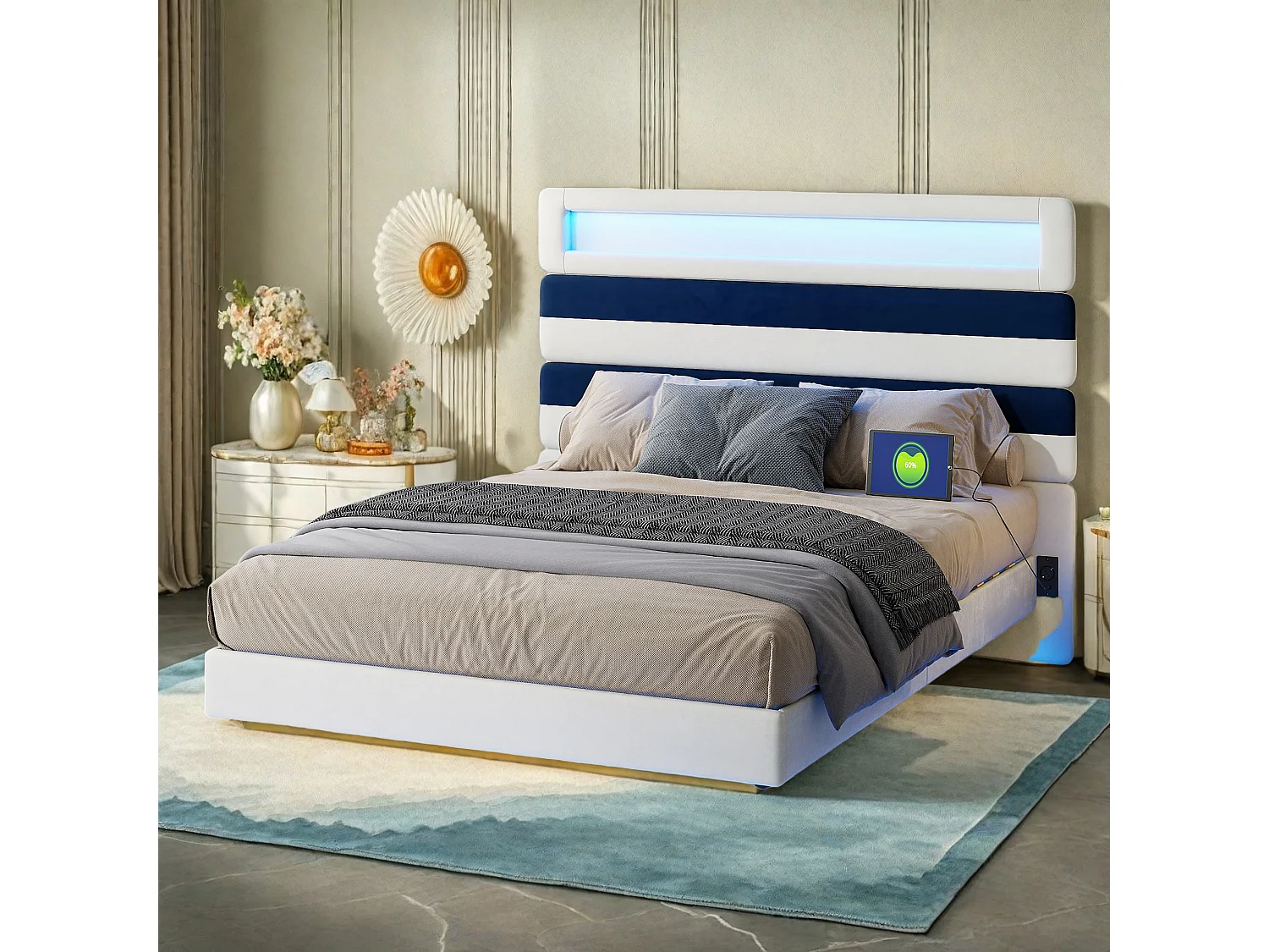 Lit double 140x190 cm, tête de lit rayée en velours blanc & bleu, panneau bois réglable, ports USB, bandes LED tête/pied, chargeur EU