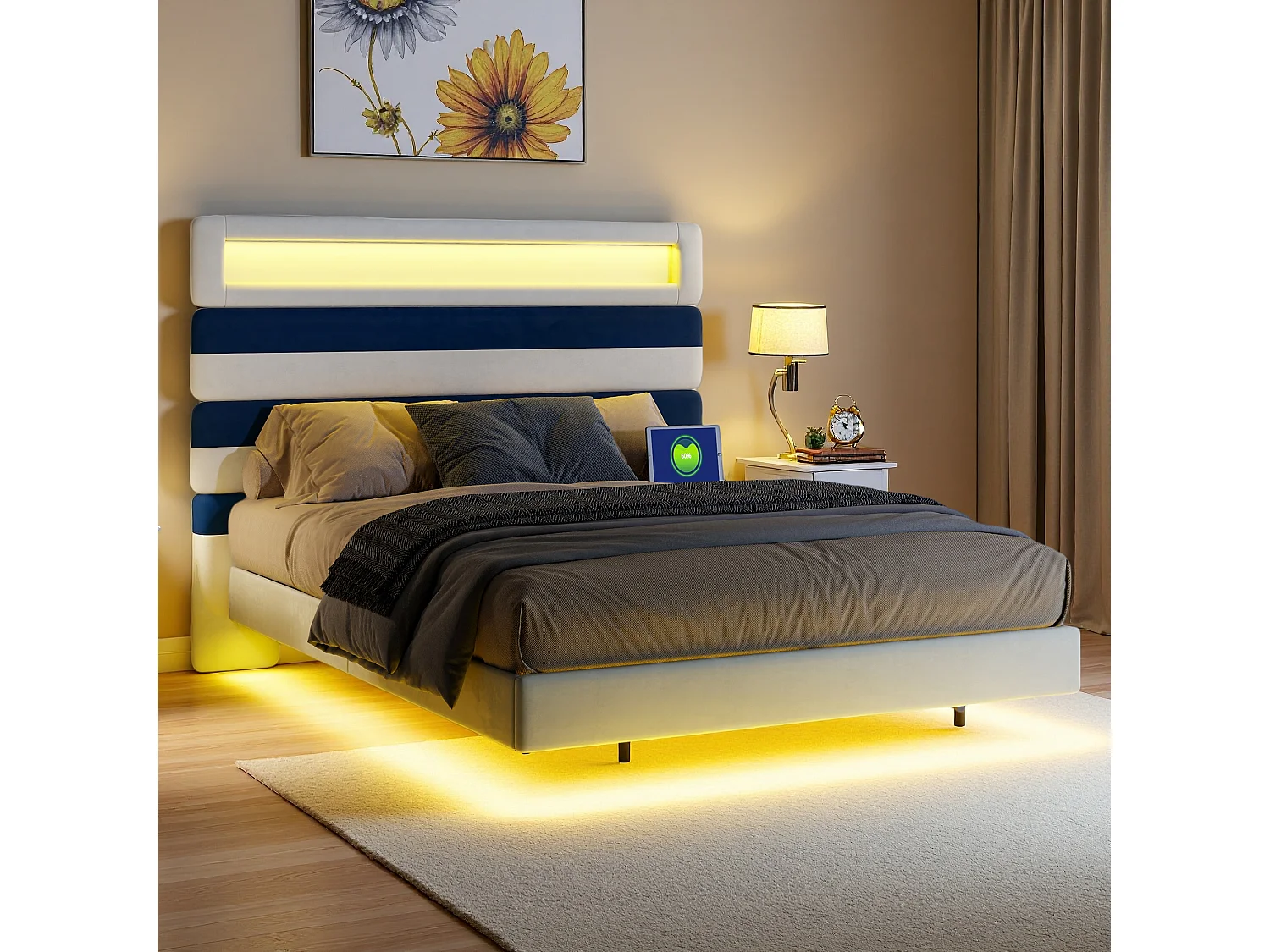 Lit double 140x190 cm, tête de lit rayée en velours blanc & bleu, panneau bois réglable, ports USB, bandes LED tête/pied, chargeur EU