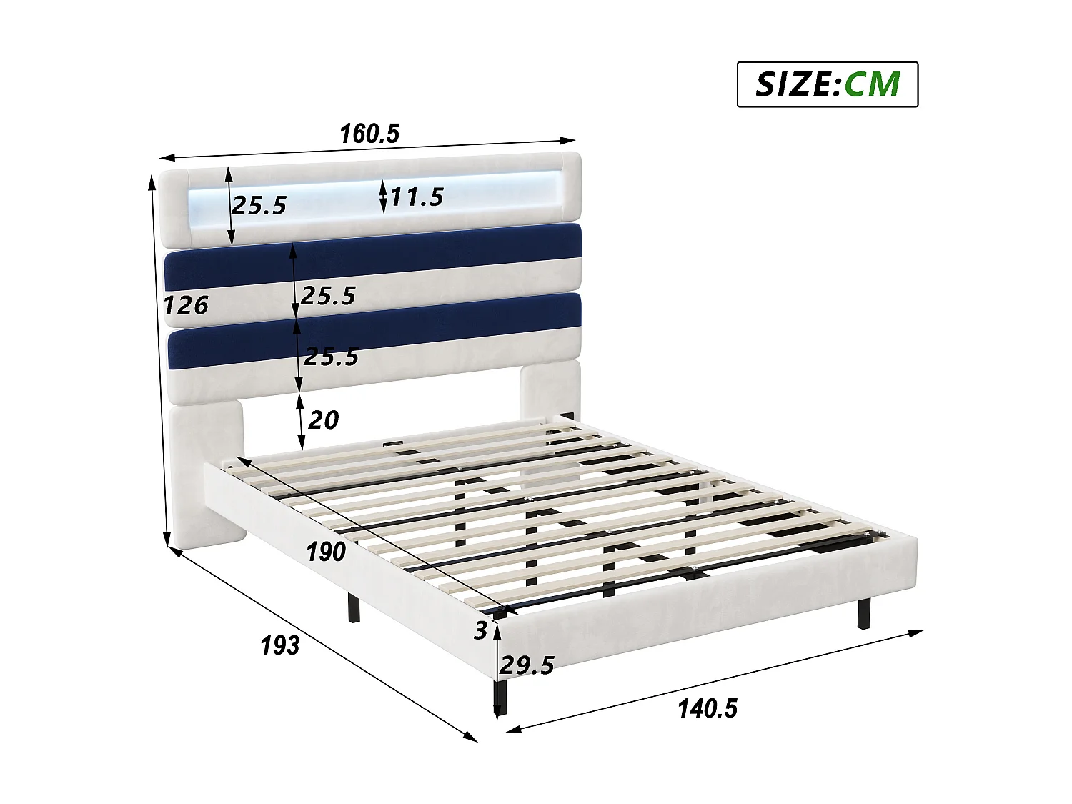 Lit double 140x190 cm, tête de lit rayée en velours blanc & bleu, panneau bois réglable, ports USB, bandes LED tête/pied, chargeur EU