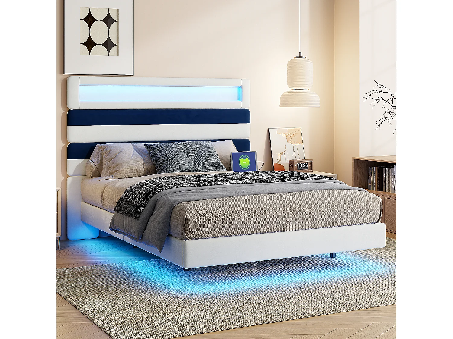 Lit double 140x190 cm, tête de lit rayée en velours blanc & bleu, panneau bois réglable, ports USB, bandes LED tête/pied, chargeur EU