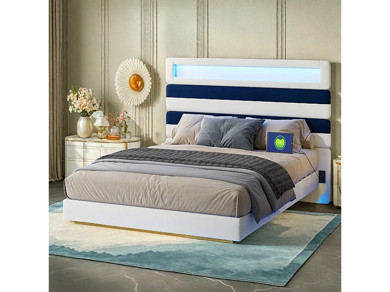 Lit double 140x190 cm, tête de lit rayée en velours blanc & bleu, panneau bois réglable, ports USB, bandes LED tête/pied, chargeur EU