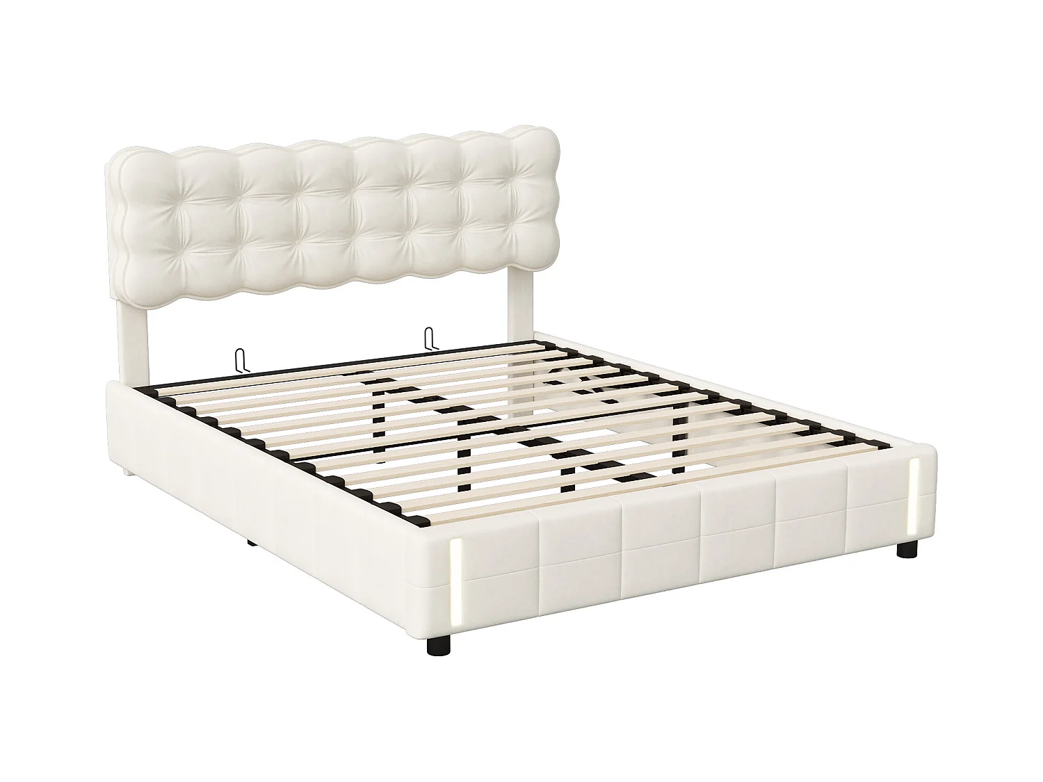 Lit double en velours beige 140x200cm avec rangement hydraulique et lampe sensorielle au pied, confort moderne et lumineux