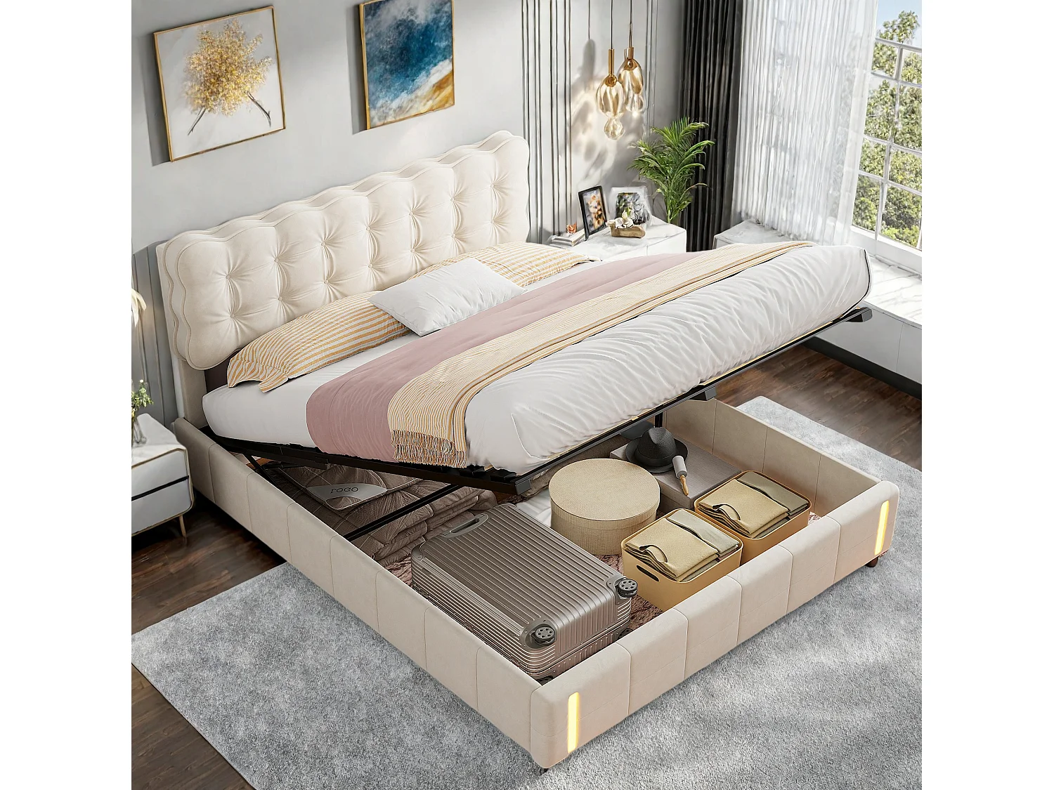 Lit double en velours beige 140x200cm avec rangement hydraulique et lampe sensorielle au pied, confort moderne et lumineux