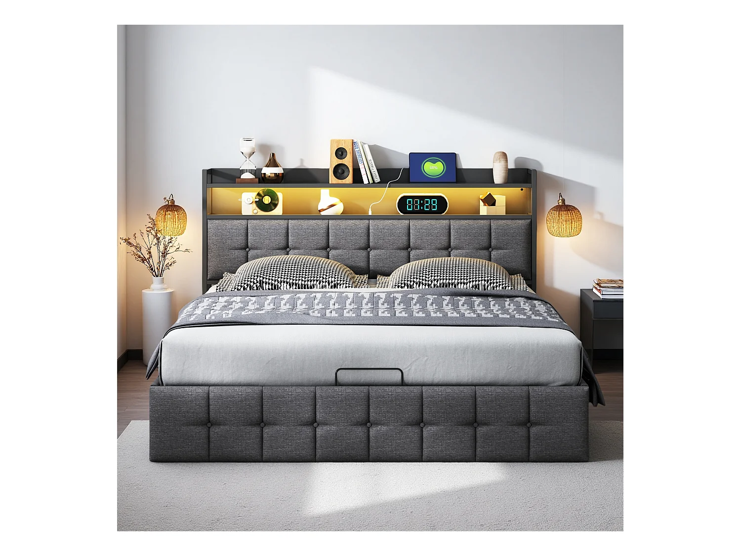Letto contenitore 160x200 cm in tessuto grigio con rete a doghe, testiera con luce LED, presa EU integrata, design moderno e pratico